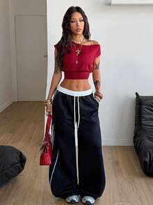 Coolane Women's Spring/Summer Concert Streetwear Rave Sport Homecoming Daily Wear Basic Casual Y2K Stretchy Asymmetrical Neck Cropped T-Shirt - Burgundy - View 2