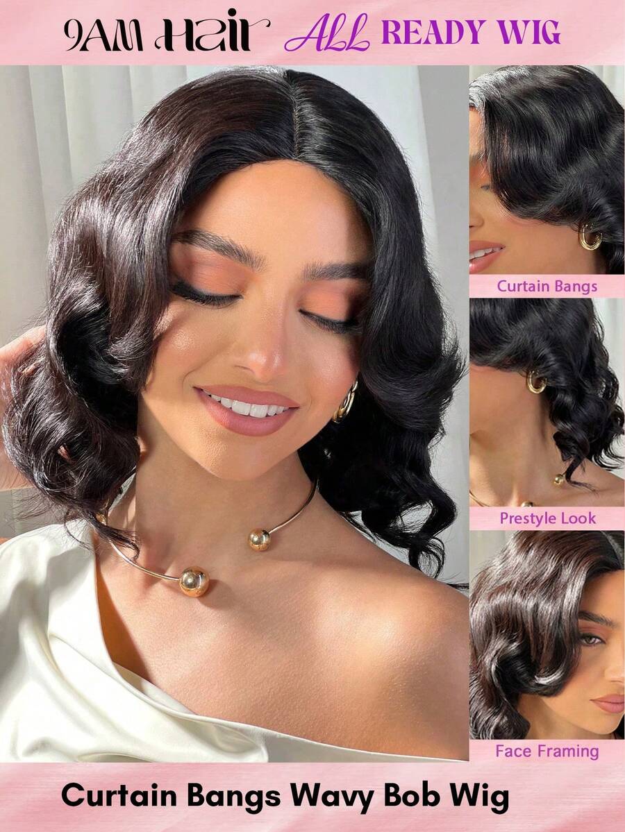 ALL READY WIG 刘海波波头假发，3.5 x 0.5英寸无胶中分蕾丝假发，100%真人发，自然黑渐变粉色，蓬松深波浪，即刻拥有迷人造型 - S1B - 查看 1