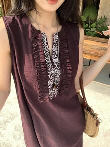 DAZY Đầm không tay thêu ren, viền bèo nhún, thích hợp cho kỳ nghỉ của nữ - Màu tím - Xem 4