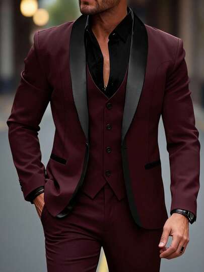 Manfinity Mode Men's Business Casual Single-Breasted Suit Jacket, The Round Collar Design Adds More Style And Layering, Suitable For Daily Commute, Business, Party And Banquet Wear. This Suit Jacket Is An Indispensable Versatile Item In Men's Wardrobe, And Makes An Excellent Gift For Boyfriends Or Husbands,Men Old Money,Daily Leisure, Weekend Trips, Outdoor Activities, Travel Expeditions, Relaxed Work Environments Or Semi-Formal Occasions, Boyfriend/Husband Gift, Anniversary /Birthday Gift Party Summer Vacation Holiday,Wedding,Spring To Summer,Easter,Y2k,Vintage,Men's Slim Fit Burgundy Suit With Black Satin Shawl Lapel 3 Piece Tuxedo For Wedding And Formal Events,Burgundy And Black Suit Men,Red And Black Suit Men,Wine Coloured Blazers And,Black Shirt For Men,Men Clothes Wedding,Concert Two Piece Outfits Spring For Men Burgundy