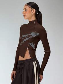 COUREZ Asymmetric Zip Up Fitted Rib Knit Jumper With Graphic /Y2K Going Out For Women Spring For Women Going Out Tops Rave Women's Spring Sweater - Brown - View 5