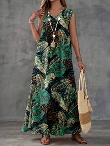 EMERY ROSE Casual Minimalist Vacation Bohemian Elegant Romantic Retro Tropical Plant Print Pattern, Beach Outfit, Vacation Outfit, Women Loose V-Neck Dress For Summer Outing - Multicolor - View 3