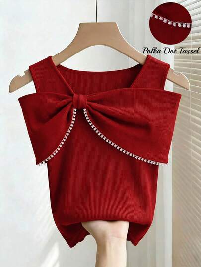 Franclia Women's Casual Polka Dot Fringe Bow Decor Off-Shoulder Blouse, Summer