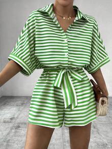 Chiquease Women's Green Striped Casual Romper, Summer Spring Collared Button-Down Short Sleeve Jumpsuit - Multicolor - View 4