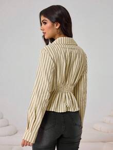 Aidyla Women's Yellow Woven Striped Textured Waist Drawstring Button-Up Elegant Blouse, Spring/Summer Western Top 70s Tops Tops For Women Tie Up Shirt Striped Blouse Elegant Yellow Striped Fabric Long Sleeve Collared Shirt For Women With Regular Hem And Twist Detail - Yellow - View 2