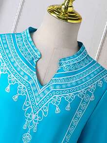 SHEIN Robe longue ample de style moyen-oriental pour filles, col montant, manches longues. Corps blanc avec motif floral coloré brodé. Légère, confortable et . Convient pour les voyages, les festivals, les vacances, les rassemblements, le printemps/l'été - Bleu azur - Voir 3