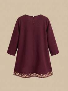 SHEIN 女嬰酒紅色長袖洋裝，金色花卉刺繡，優雅秋季復古 Abaya Kaftan 婚禮賓客端莊女嬰禮服 - 彩色 - 查看 3