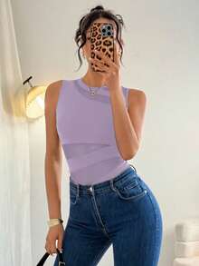 Rafferiza Petite 优雅性感圆领无袖针织拼接不规则网眼黑色春夏女士连体衣 - 淡紫色 - 查看 6