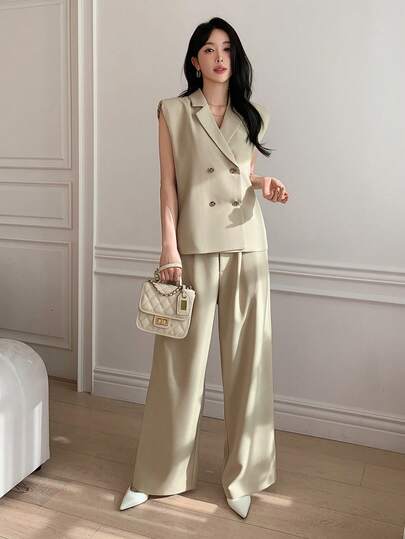 DAZY Women's Casual Solid Color Faux Pocket Jacket And Wide Leg Pants Suit, Spring/Summer