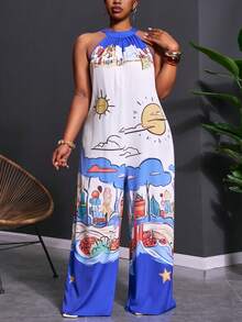 Veslaya Bộ jumpsuit ống rộng không tay in họa tiết hình học cỡ lớn Slayr, phong cách thường ngày cho kỳ nghỉ. - Màu xanh lam - Xem 11