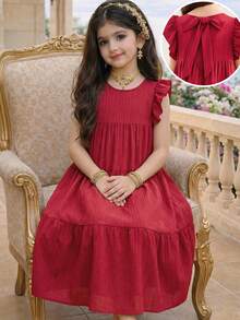 SHEIN Girls' Casual Vacation Multi-Layer Patchwork Loose A-Line Cap Sleeve Robe, Wine Red, Bright Red - Red - View 3