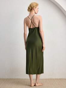 Ocili Comfortable Bohemian Satin Lace V-Neck Spaghetti Strap Maxi Dress, Women Sleepwear - Green - View 3