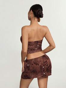 SHEIN ICON Áo quây nữ Y2K màu nâu gợi cảm, họa tiết hoa, đính sequin, thích hợp cho các buổi hòa nhạc hoặc câu lạc bộ. - màu nâu - Xem 2