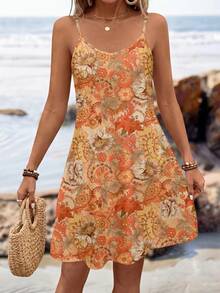 Sylviya Women V-Neck Spaghetti Strap Summer Beach Vacation Mini Dress - Multicolor - View 4