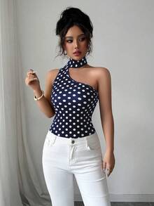 Elenzga Women's Contrast Polka Dot Print Asymmetric Shoulder Tank Top - Royal Blue - View 7