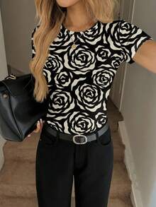 SHEIN LUNE Women's Casual Minimalist Round Neck Fitted Short Sleeve T-Shirt, Suitable For Spring/Summer - Multicolor - View 4