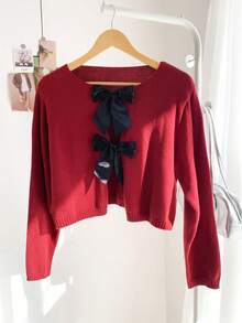 Comfortcana 大码圆领蝴蝶结撞色休闲开衫，秋冬款 - 紅色 - 查看 1