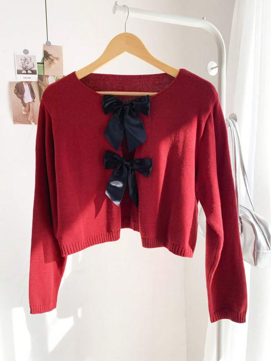 Comfortcana 大码圆领蝴蝶结撞色休闲开衫，秋冬款 - 紅色 - 查看 1