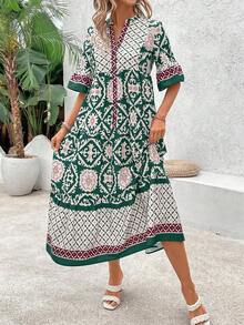 EMERY ROSE 女士复古宽松休闲连衣裙，夏季长款女装 - 墨綠色 - 查看 5