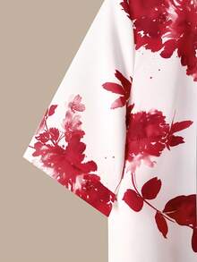 SHEIN PETITE Bộ đồ nữ gồm áo sơ mi ngắn tay cổ tròn in hoa màu đỏ và quần lửng ống đứng vạt lệch (2 mảnh) dài đến mắt cá chân. - Đỏ - Xem 6