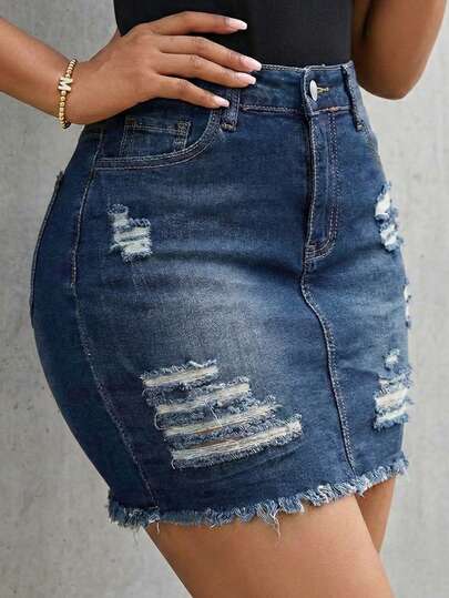 SHEIN LUNE Chân váy denim nữ cạp cao có túi, rách gấu.