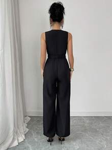 SHEIN PETITE Women's Sexy V-Neck Sleeveless Thin Waist Belt Accessory Wide Leg Jumpsuit, Spring/Summer - Black - View 2