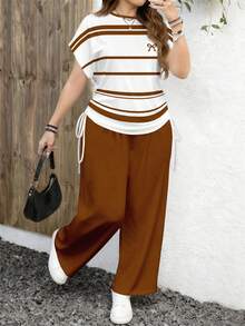 EMERY ROSE 2pcs Casual Striped Pattern Loose Fit Round Neck Top And Wide Leg Pants Set, Suitable For Summer - Multicolor - View 1