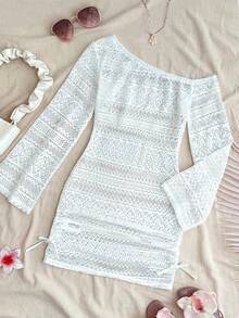 SHEIN 少女白色针织露肩镂空沙滩度假修身短款罩衫 - 白色 - 查看 2