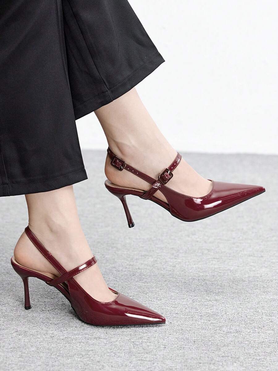 CUCCOO BIZCHIC 1 Pair New Fashionable & Elegant Red Wedding Shoes For Bride, Rhinestone Decorated Qipao/Cheongsam Shoes, Comfortable High Heels, Pointed Toe Mid Heel Sandals For Party, Banquet, Gift, All Season - Burgundy - View 1
