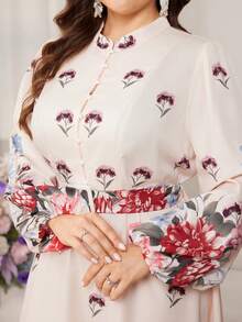 Modelyn Đầm vintage in hoa, thắt eo, cổ đứng / Đầm xòe tay phồng kiểu Pháp thanh lịch - Màu be - Xem 5