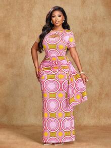 Brilight 女士优雅性感连衣裙，前开襟设计。南非传统服饰。适合派对和下午茶场合。艺术印花。春夏时尚色彩。艺术摄影礼服。音乐节服装。夏季女装。 - 粉色 - 查看 5