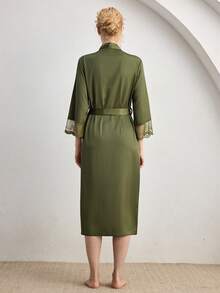 Ocili Bohemian Style Lace Trim Casual Open Front Long Robe, Comfortable Women Sleepwear - Green - View 3