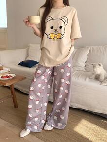 DAZY 2pcs/Set Cute Bear Print Short Sleeve T-Shirt And Pants Women Summer Pajama Set - Beige - View 6