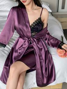 DAZY 2pcs Women Lace Patchwork Sleeveless Slip Dress & Loose Long Sleeve Robe Pajama Set - Purple - View 1