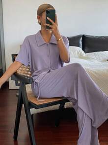 DAZY Ensemble de vêtements de détente pour femmes en tricot de couleur unie avec cordon de serrage à l'ourlet - Prune - Voir 5