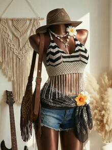 Elin Vora 女士休闲简约沙滩度假露脐上衣，撞色镂空流苏系带露背优雅针织泳衣罩衫 - 彩色 - 查看 4