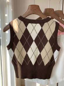 Comfortcana 女士几何图案极简无袖V领毛衣背心，休闲日常穿着 - 棕色 - 查看 2
