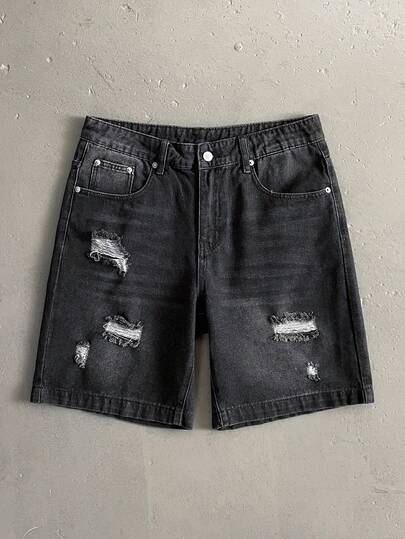 StoneGrade 男士纯色破洞口袋宽松休闲牛仔短裤