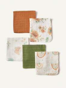 Cozy Pixies 5条装混色棉质皱褶婴儿围兜口水巾，舒适柔软，适合新生儿，四季皆宜，通过Oeko-Tex认证。 - 彩色 - 查看 5