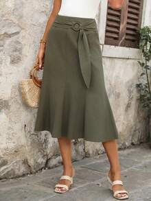 SHEIN LUNE Fustă casual pentru femei, 100% bumbac, culoare solidă, casual pentru femei, vacanțe de vară, verde militar, fustă casuală - Verde - Vizualizare 6