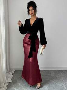 SHEIN Raffinéa Women's Elegant Black & Gold Color Block V-Neck Belted Velvet Top With Skirt,Suitable For Autumn,Formal Evening Party,Dining,And Holiday Occasions - Red - View 4