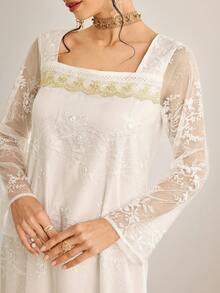 Al Najma 女士优雅方领长袖阿拉伯风格连衣裙 - 粉色 - 查看 7