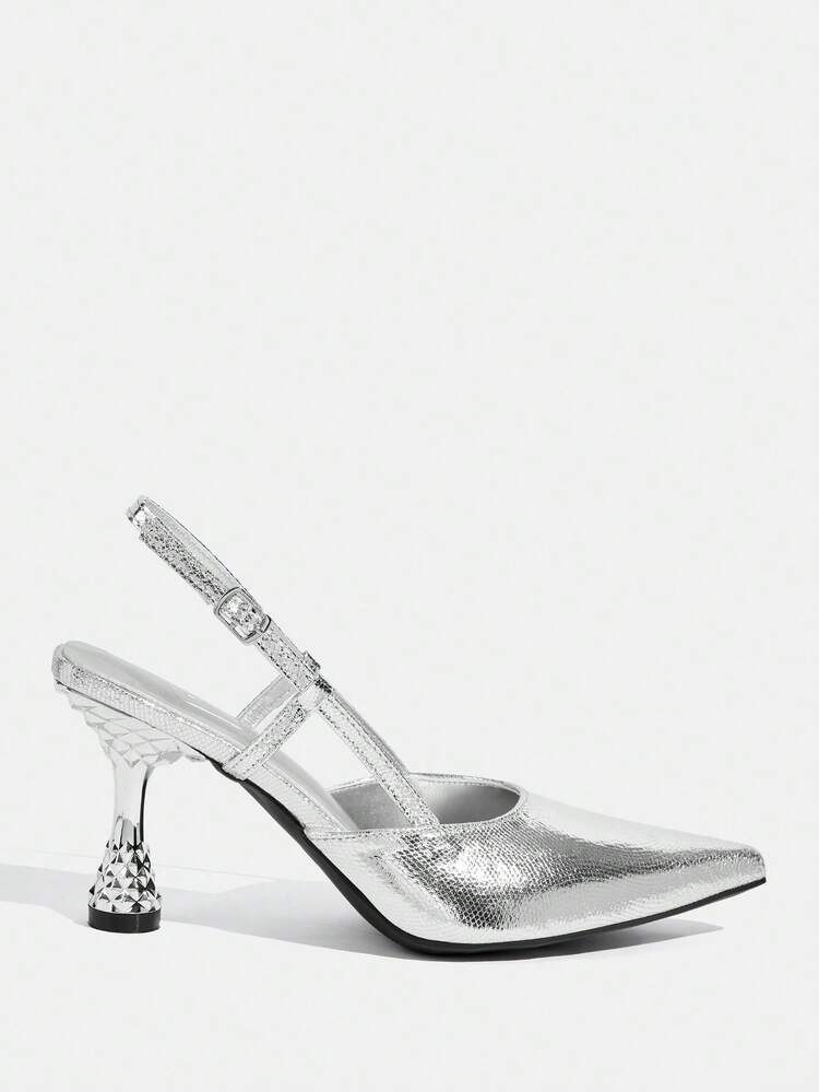 CUCCOO TILAWA Women Shoes Pointed High Heel Wine Glass And Silver Simple Slingback Women's Slingback Shoes Stylish Gorgeous Party Banquet Sexy Women's High Heel Shoes Women's Shoes