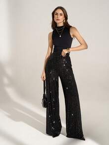 SHEIN Tall High Waist Sequin Wide Leg Pants For Party - Black - View 3