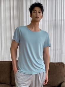 DAZY 男士纯蓝色圆领家居服上衣，夏季 - 藍色 - 查看 4