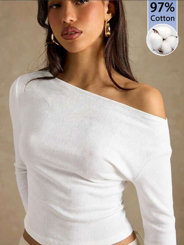 SHEIN BAE Camiseta de manga larga con hombros descubiertos de mujer de 97% algodón acanalado en color blanco sólido, estilo casual "Old Money", perfecta para usar en primavera/verano, té de la tarde, ocasiones formales, vacaciones, interior/exterior, hogar