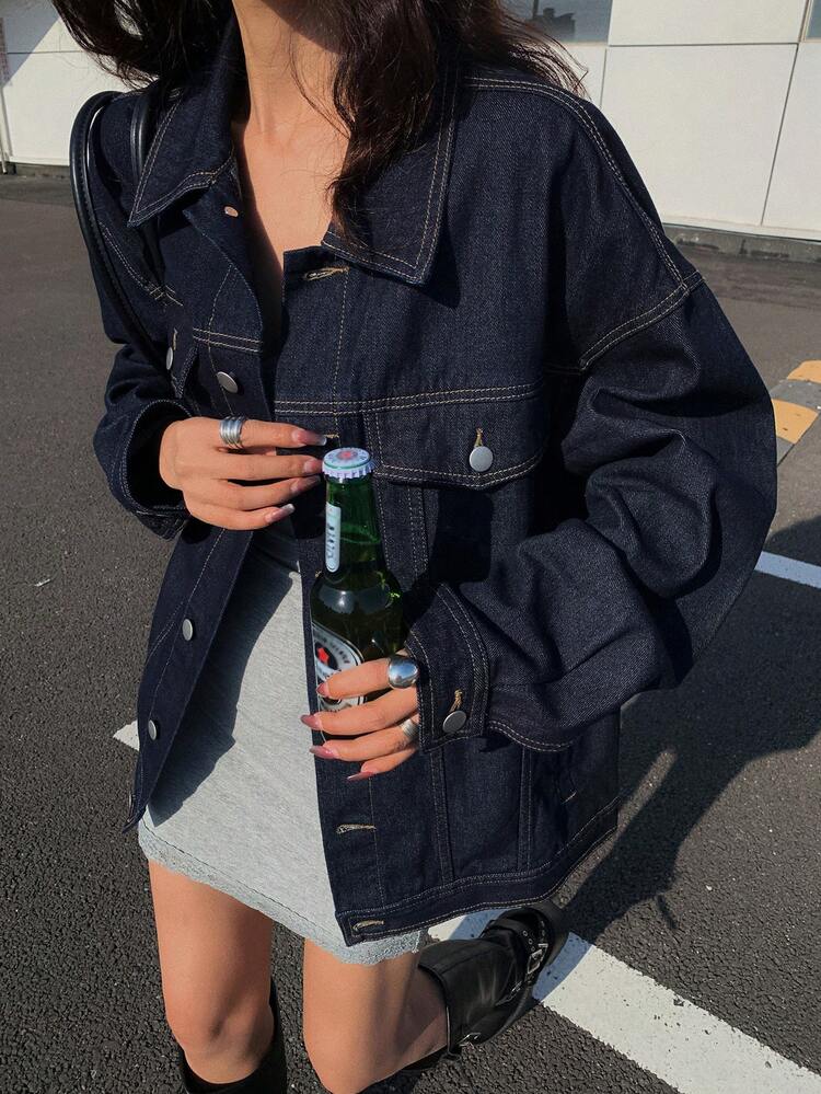 Teen Girl Turndown Collar Single-Breasted Pocket Casual Versatile Daily Wear Long Sleeve Denim Jacket