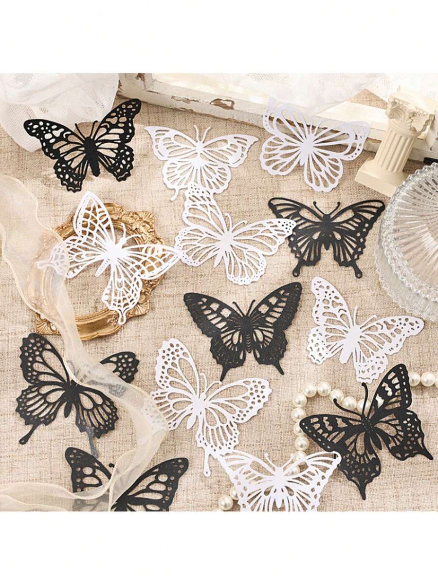 6-Piece Floating Silhouette Butterfly Hollow Pearl Paper Set | Cross-Border Premium Retro Journal Sticker Pack - suit - View 1