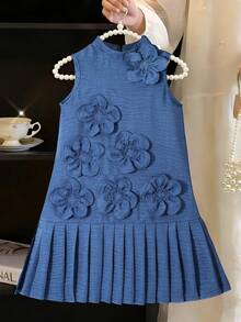 Girls' Cute Niche Design Sky Blue Sleeveless Dress With 3D Floral Decor,Stand Collar Pleated Hem Skirt,Elegant Summer Party Kids Everyday Wear - Blue - View 8
