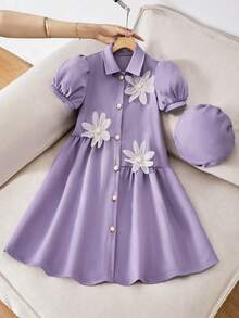 Tween Girl Floral Decor Purple Puff Sleeve Dress, Suitable For Spring/Summer Lilac Kids Dress Kids Purple Dress Kids Dresses Purple Lavender Dress For Kids Purple Dress For Kids Flower Embellished Dress Lavender Dress For Girls Matching Dress For Girls Lilac Dress Kids - Purple - View 3